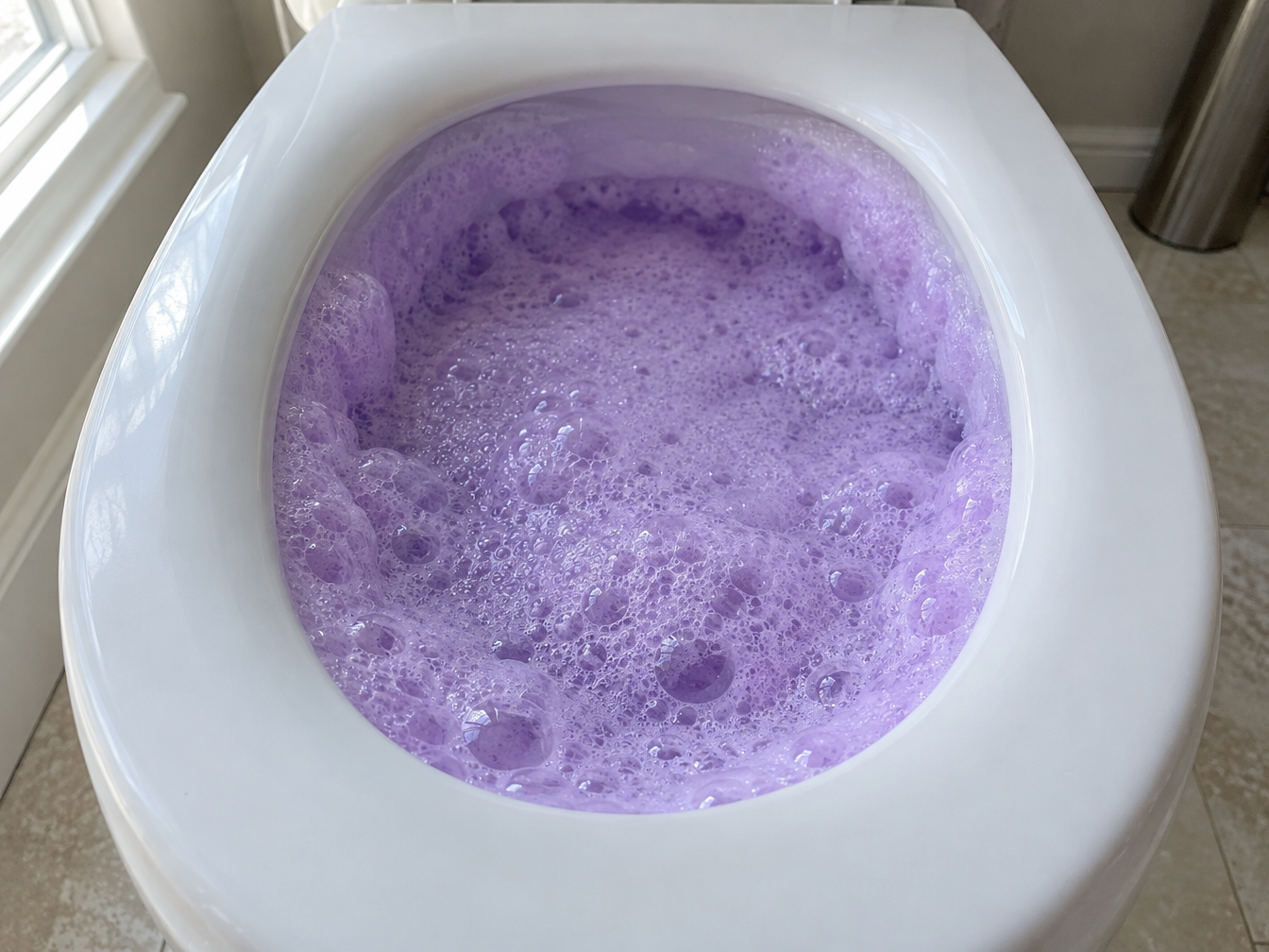 Purple foam packed inside a white toilet bowl and under the rim